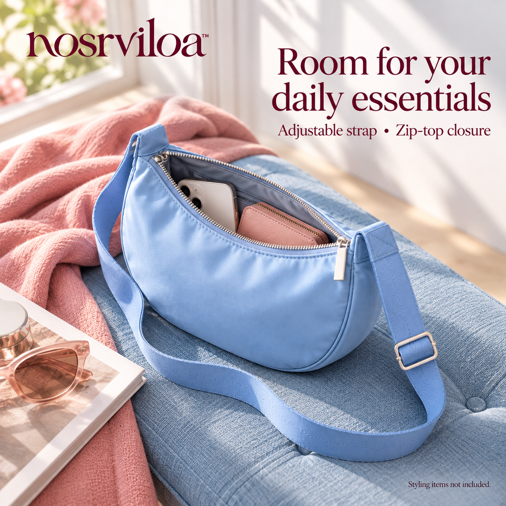 nosrviloa™ SkyLoop Nylon Crescent Crossbody Bag for Women, Adjustable Strap Shoulder Purse with Zip Pockets