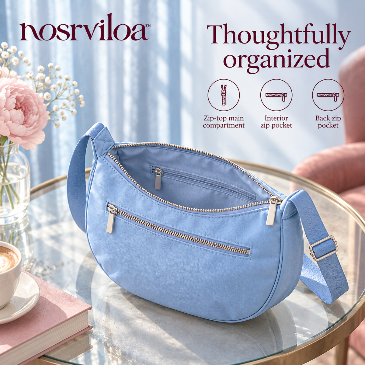 nosrviloa™ SkyLoop Nylon Crescent Crossbody Bag for Women, Adjustable Strap Shoulder Purse with Zip Pockets