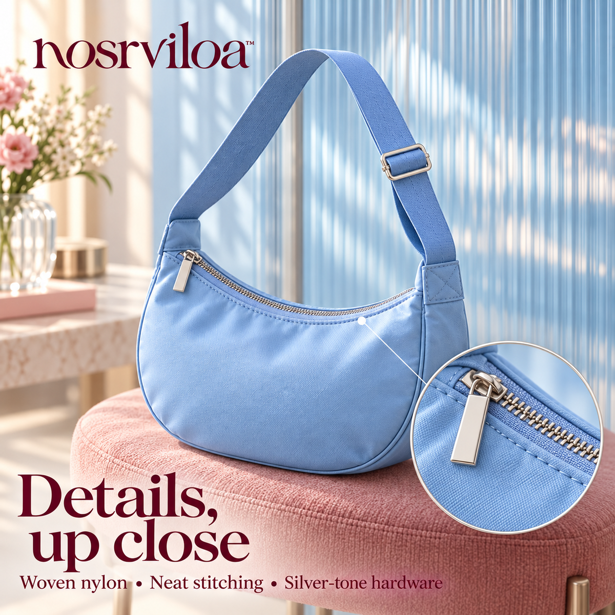 nosrviloa™ SkyLoop Nylon Crescent Crossbody Bag for Women, Adjustable Strap Shoulder Purse with Zip Pockets