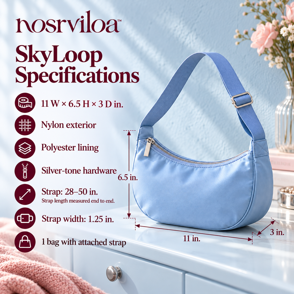 nosrviloa™ SkyLoop Nylon Crescent Crossbody Bag for Women, Adjustable Strap Shoulder Purse with Zip Pockets