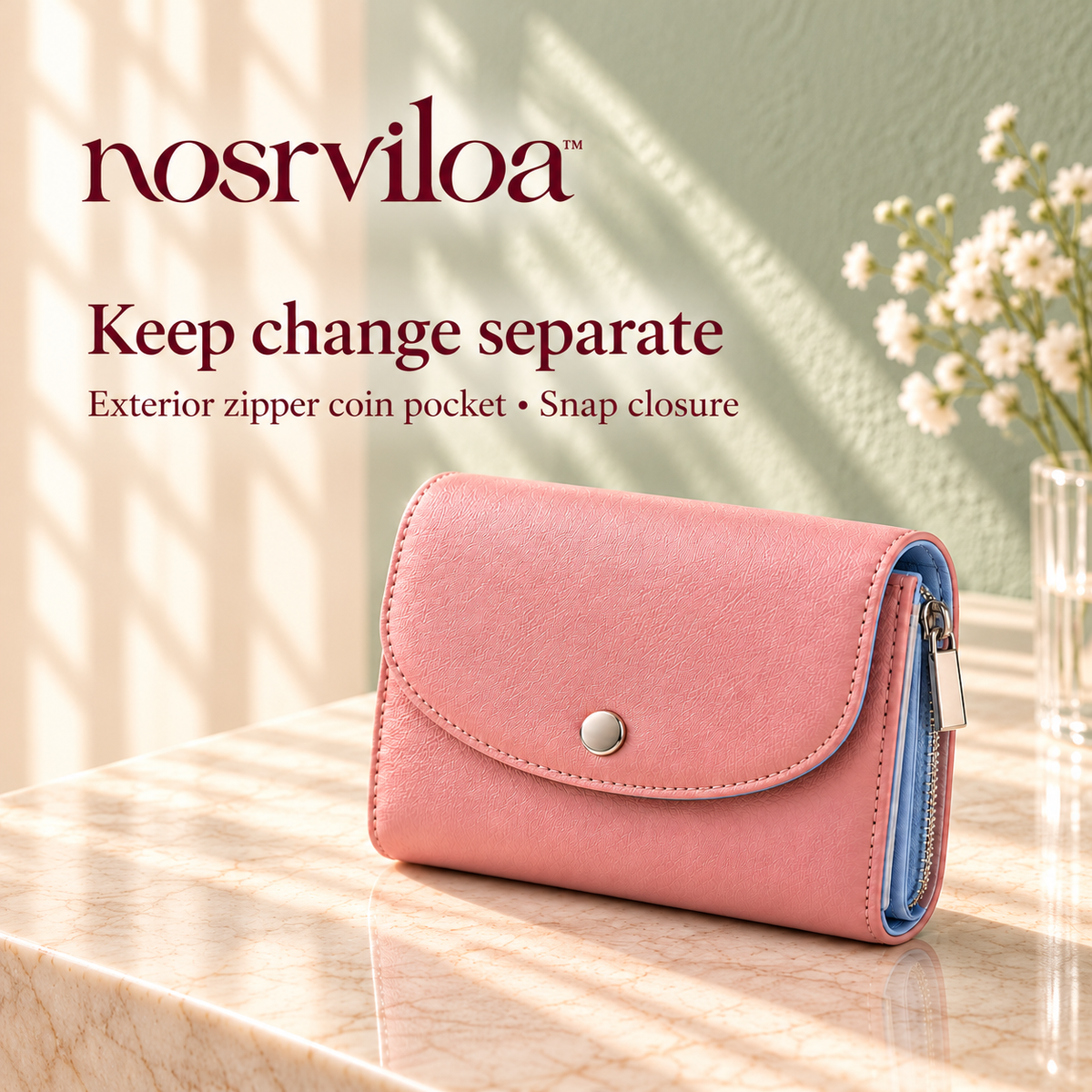 nosrviloa™ PocketPetal Small Bifold Wallet for Women, Faux Leather Card Wallet with Zipper Coin Pocket and Bill Compartment