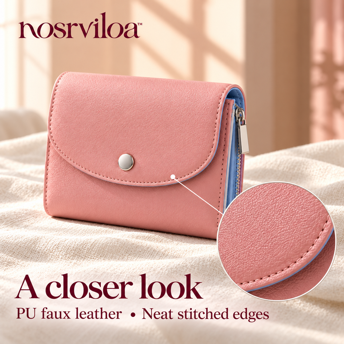 nosrviloa™ PocketPetal Small Bifold Wallet for Women, Faux Leather Card Wallet with Zipper Coin Pocket and Bill Compartment