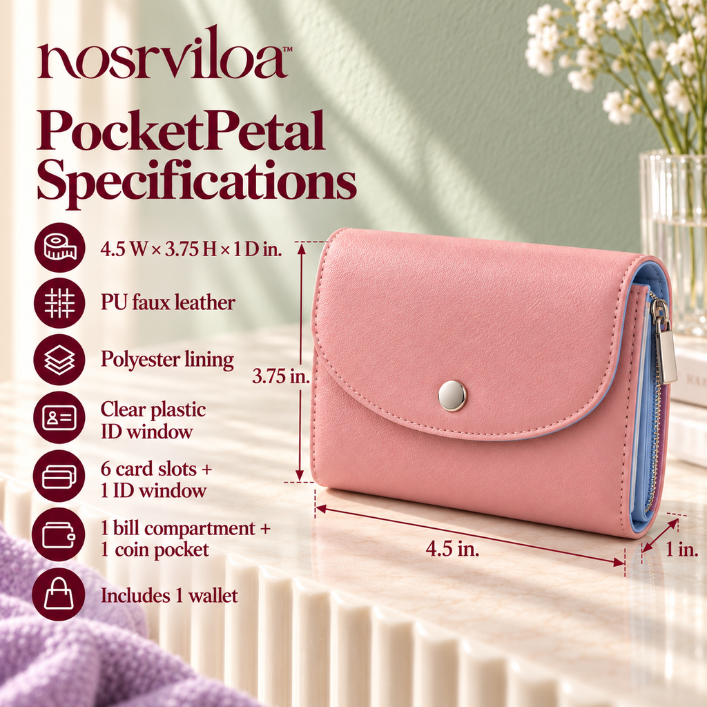 nosrviloa™ PocketPetal Small Bifold Wallet for Women, Faux Leather Card Wallet with Zipper Coin Pocket and Bill Compartment