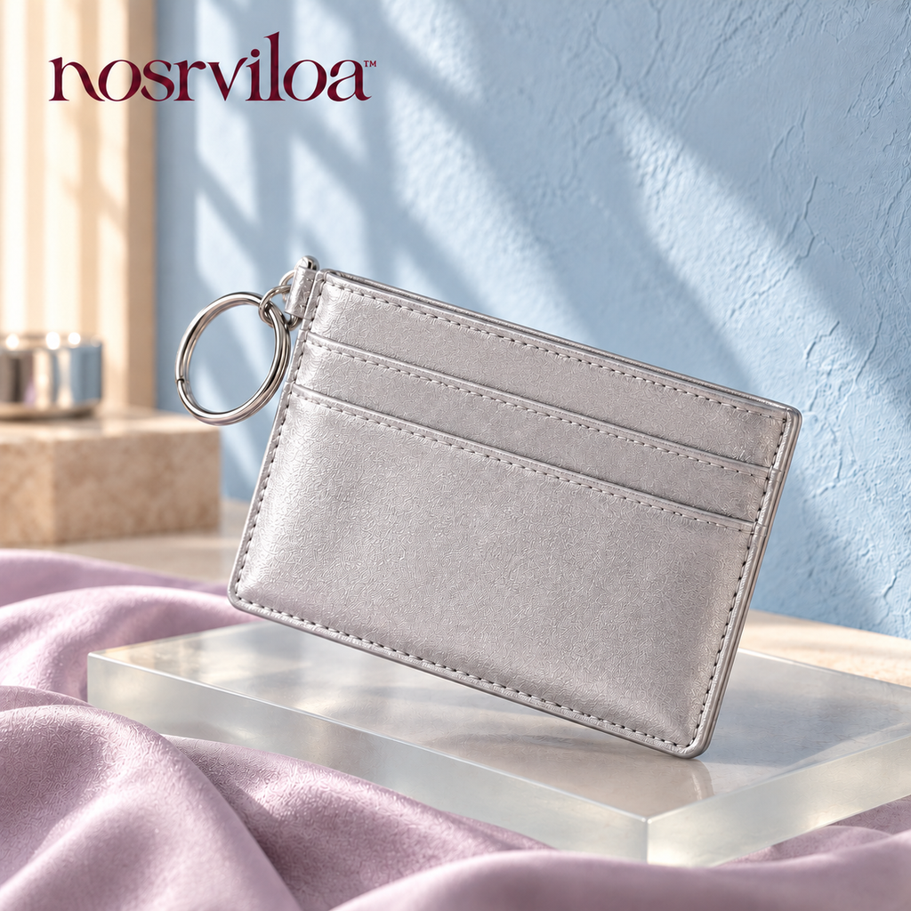 nosrviloa™ GlintSlot Slim Cardholder for Women, Metallic Faux Leather Card Case with Center Pocket and Key Ring