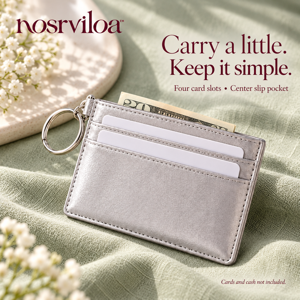 nosrviloa™ GlintSlot Slim Cardholder for Women, Metallic Faux Leather Card Case with Center Pocket and Key Ring