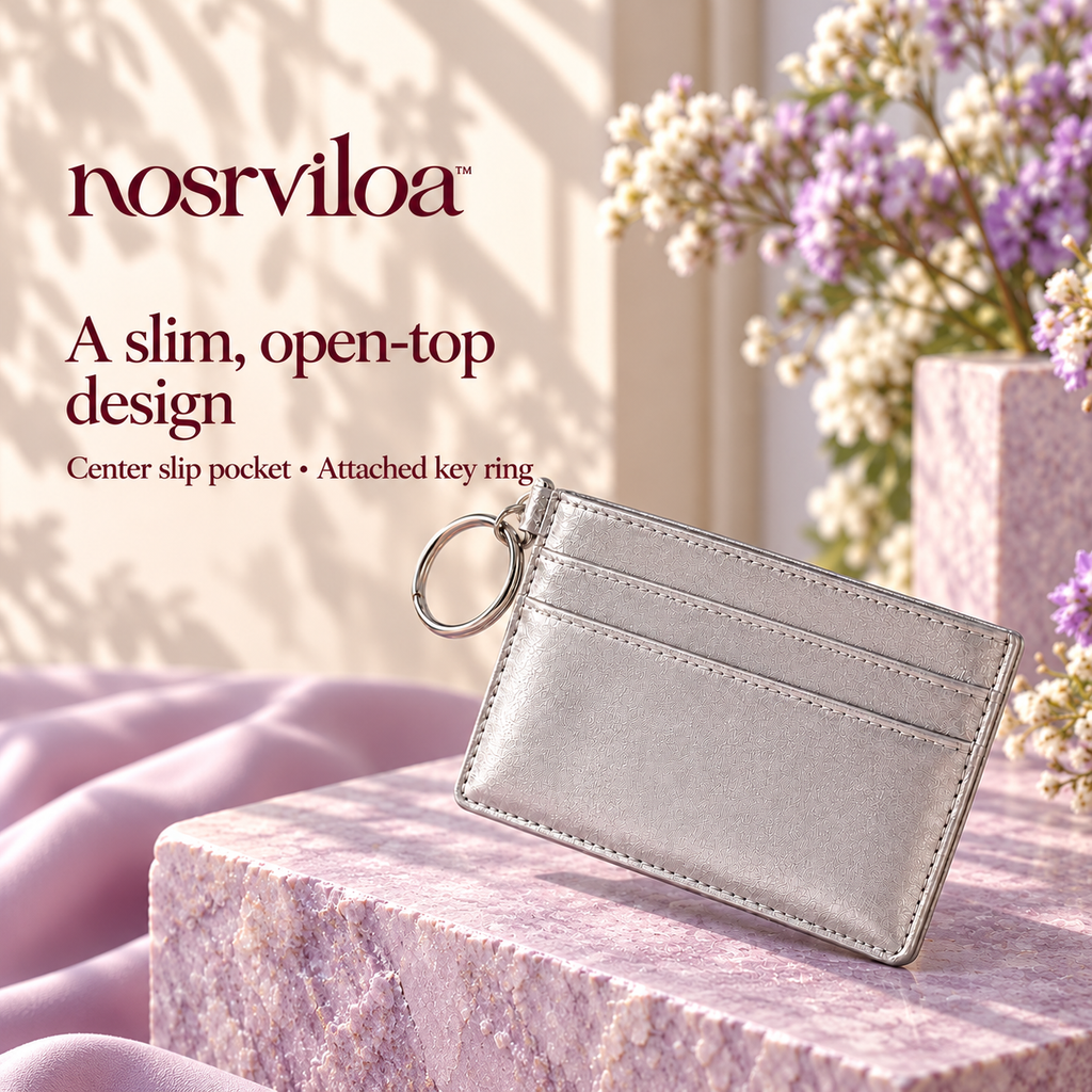 nosrviloa™ GlintSlot Slim Cardholder for Women, Metallic Faux Leather Card Case with Center Pocket and Key Ring