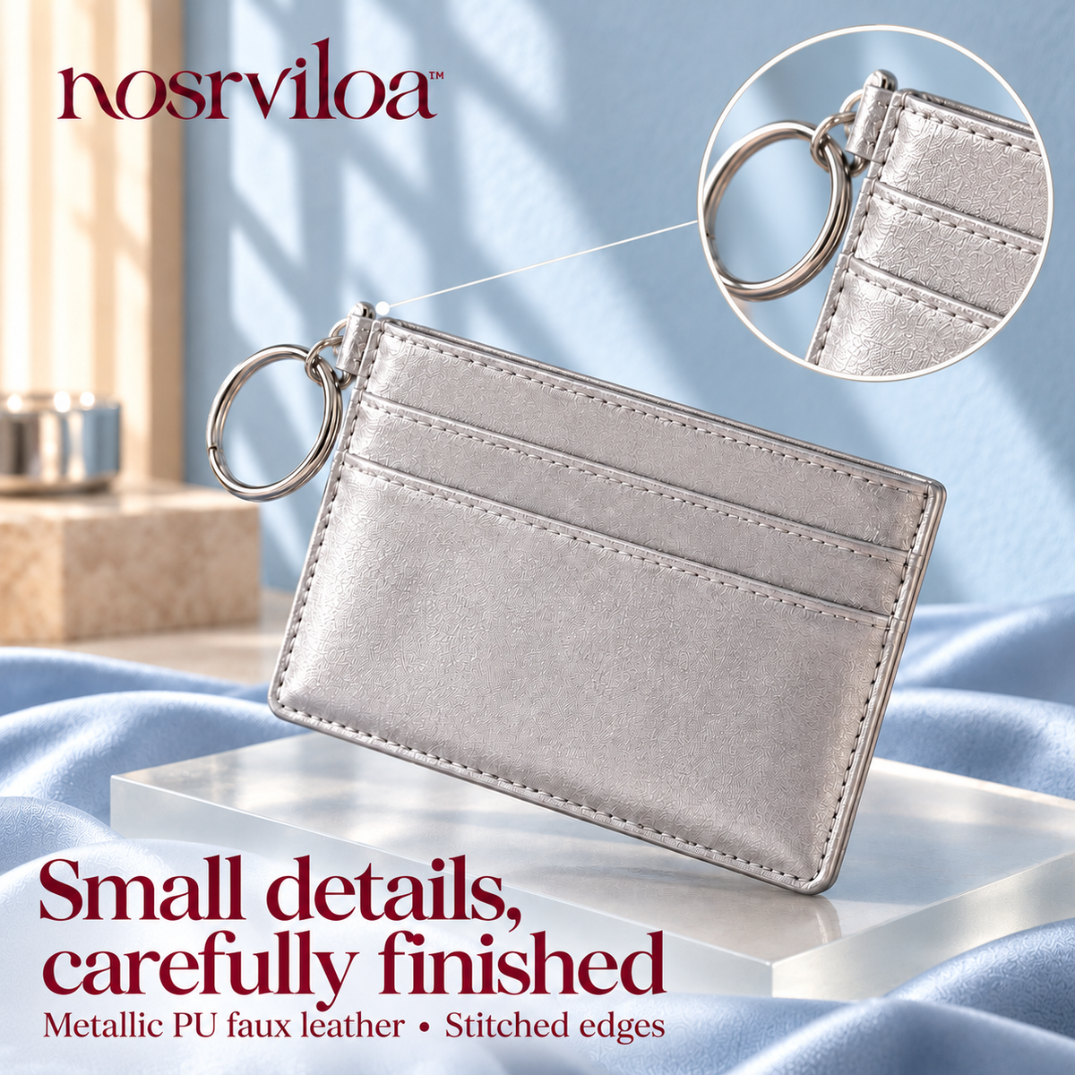 nosrviloa™ GlintSlot Slim Cardholder for Women, Metallic Faux Leather Card Case with Center Pocket and Key Ring