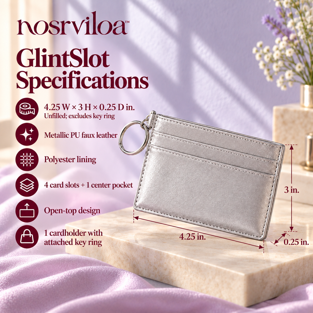 nosrviloa™ GlintSlot Slim Cardholder for Women, Metallic Faux Leather Card Case with Center Pocket and Key Ring