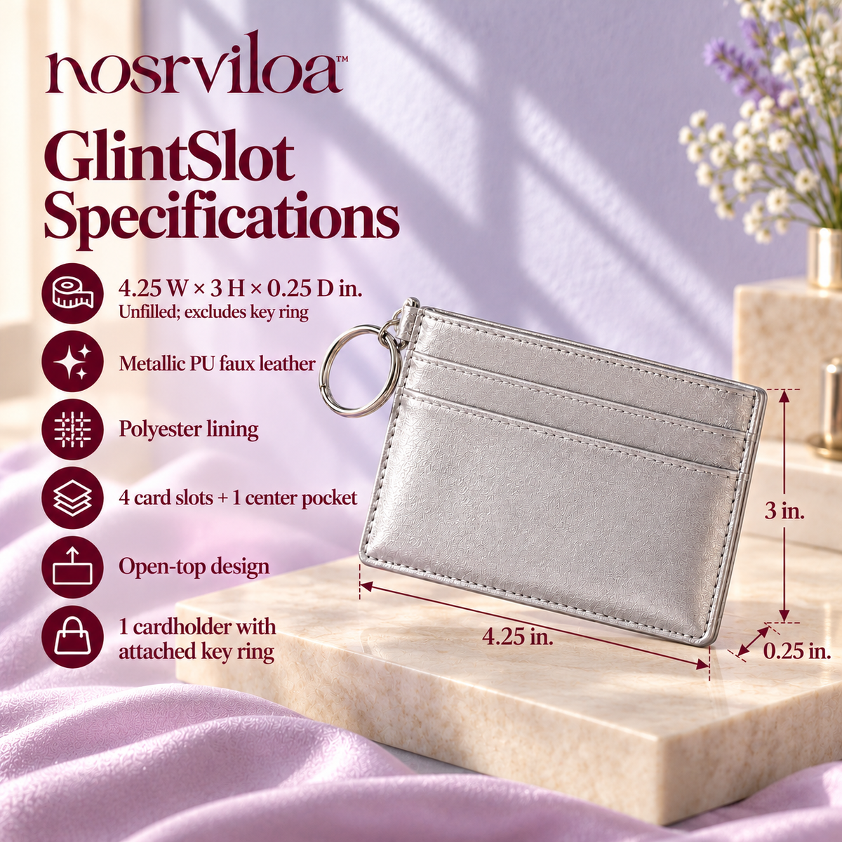 nosrviloa™ GlintSlot Slim Cardholder for Women, Metallic Faux Leather Card Case with Center Pocket and Key Ring