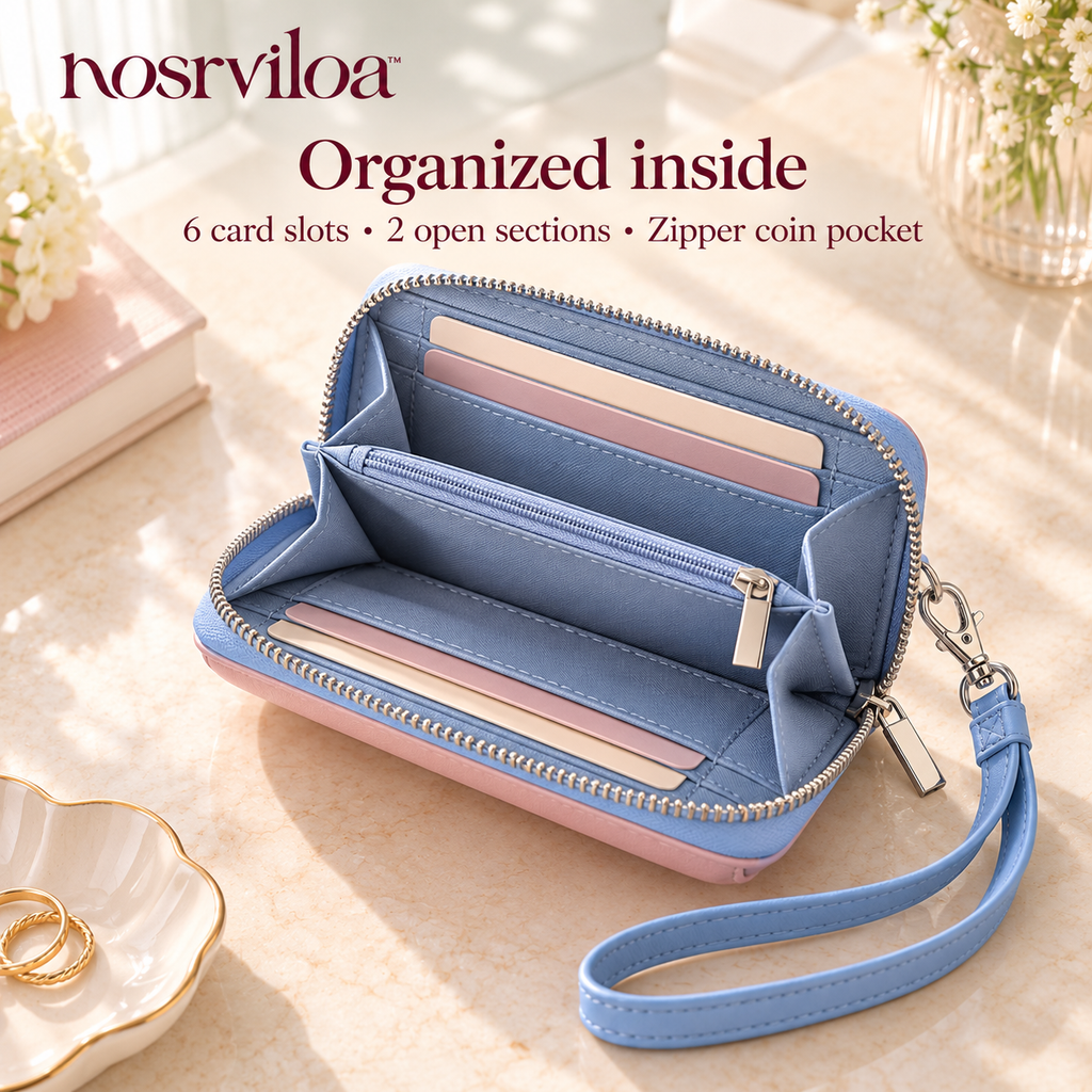 nosrviloa™ ZipWink Wristlet Wallet for Women, Compact Zip-Around Card Organizer with Removable Wrist Strap