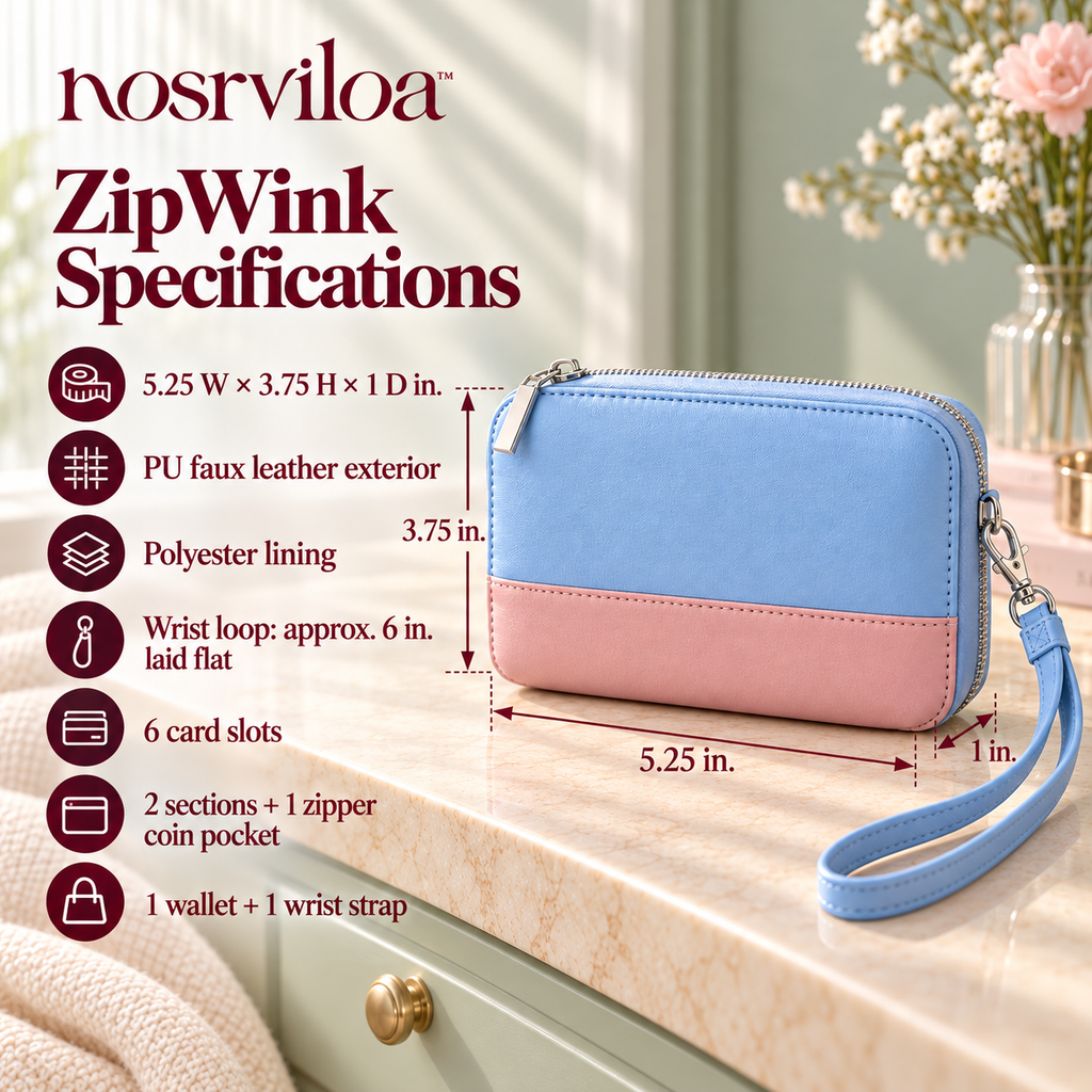 nosrviloa™ ZipWink Wristlet Wallet for Women, Compact Zip-Around Card Organizer with Removable Wrist Strap