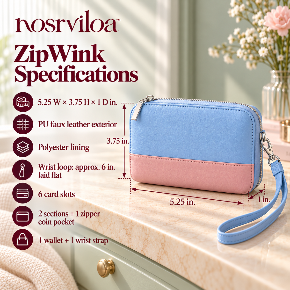 nosrviloa™ ZipWink Wristlet Wallet for Women, Compact Zip-Around Card Organizer with Removable Wrist Strap
