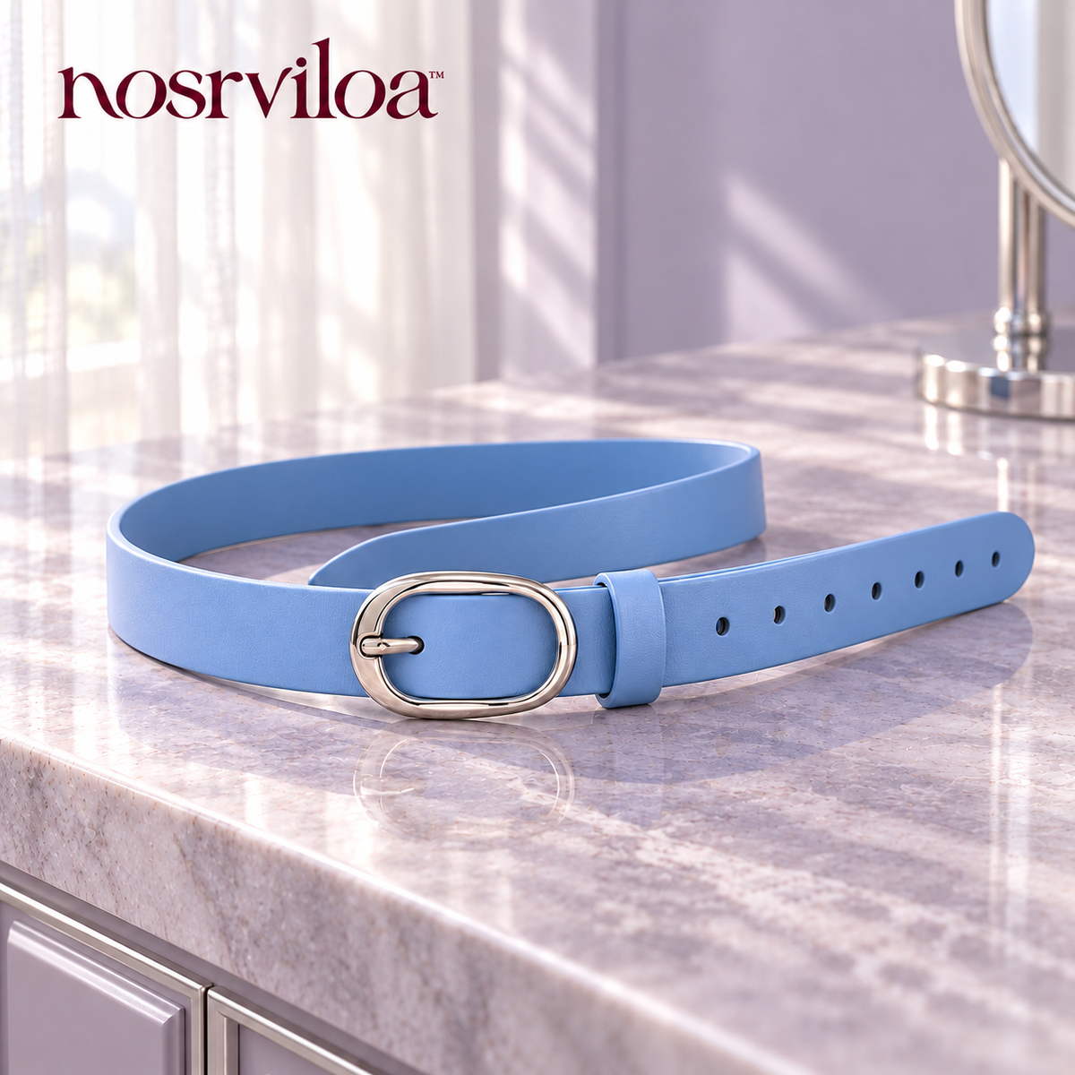nosrviloa™ OrbitBuckle Slim Belt for Women, Faux Leather Jeans and Dress Belt with Silver-Tone Oval Buckle