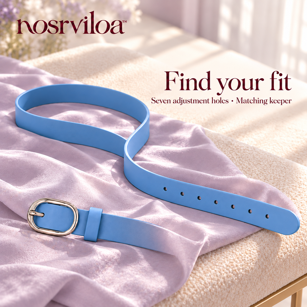 nosrviloa™ OrbitBuckle Slim Belt for Women, Faux Leather Jeans and Dress Belt with Silver-Tone Oval Buckle