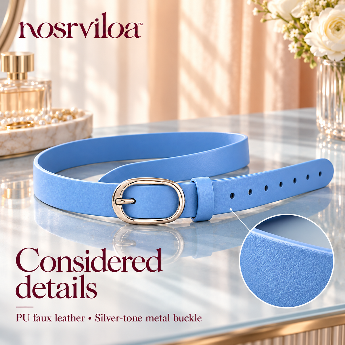 nosrviloa™ OrbitBuckle Slim Belt for Women, Faux Leather Jeans and Dress Belt with Silver-Tone Oval Buckle