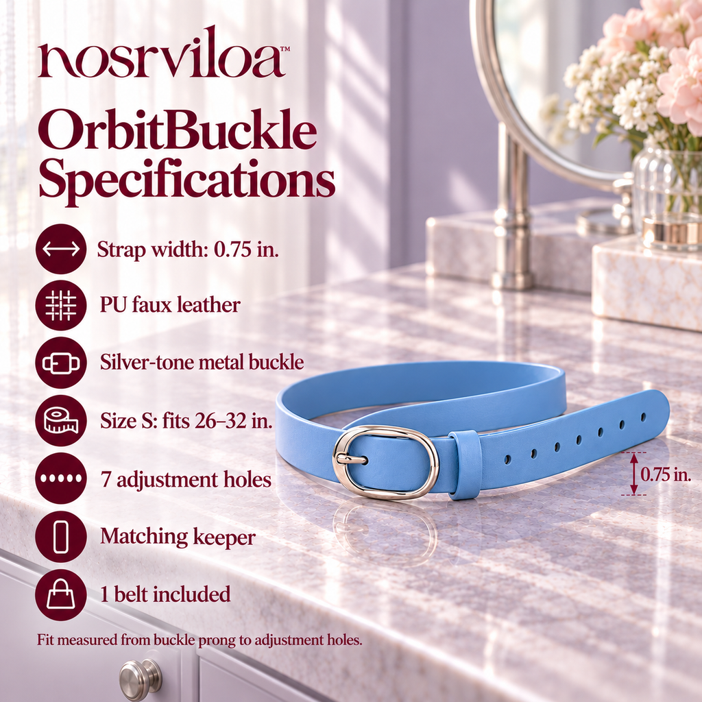 nosrviloa™ OrbitBuckle Slim Belt for Women, Faux Leather Jeans and Dress Belt with Silver-Tone Oval Buckle