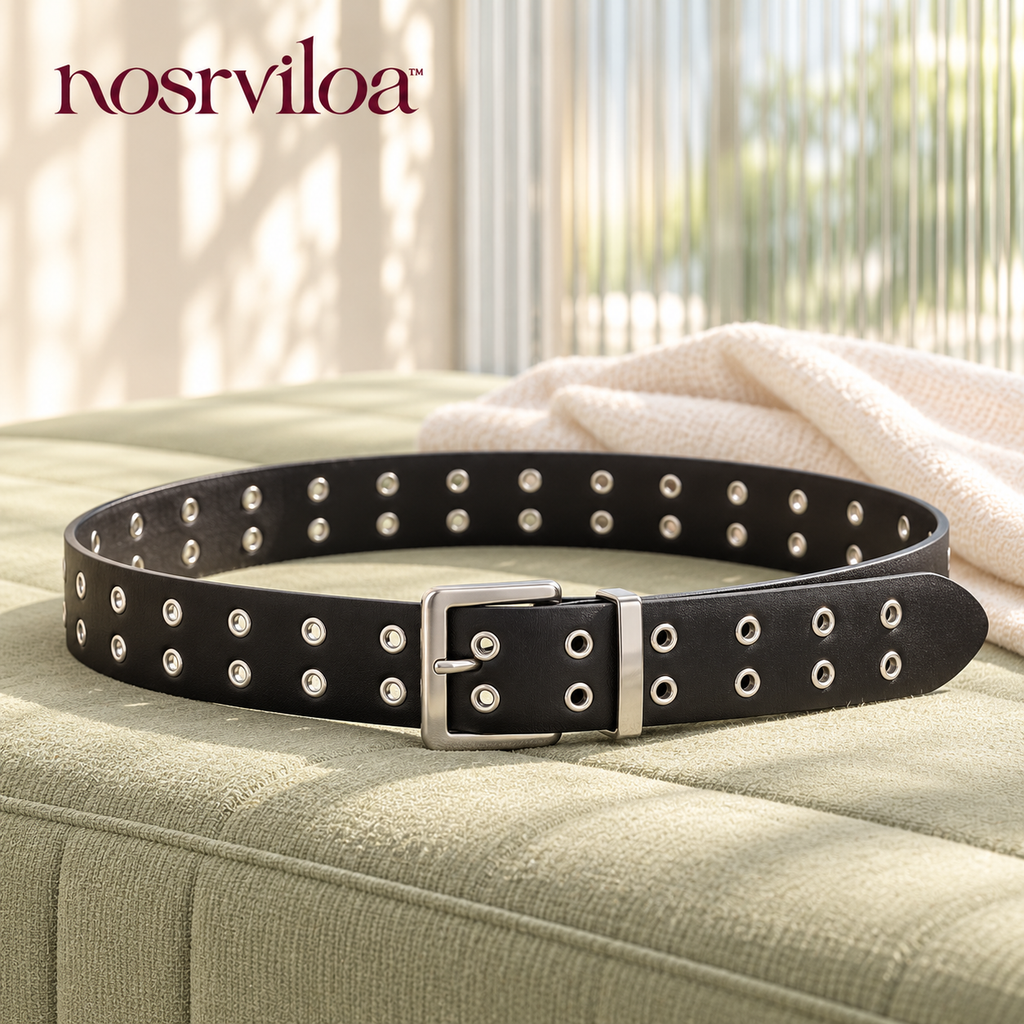 nosrviloa™ DoubleBeat Grommet Belt for Women, Faux Leather Jeans Belt with Double-Row Eyelets and Silver-Tone Buckle