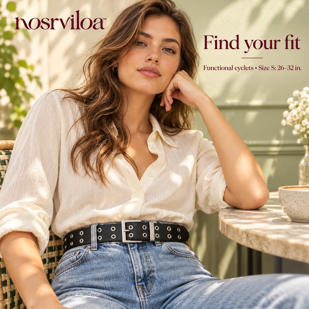 nosrviloa™ DoubleBeat Grommet Belt for Women, Faux Leather Jeans Belt with Double-Row Eyelets and Silver-Tone Buckle