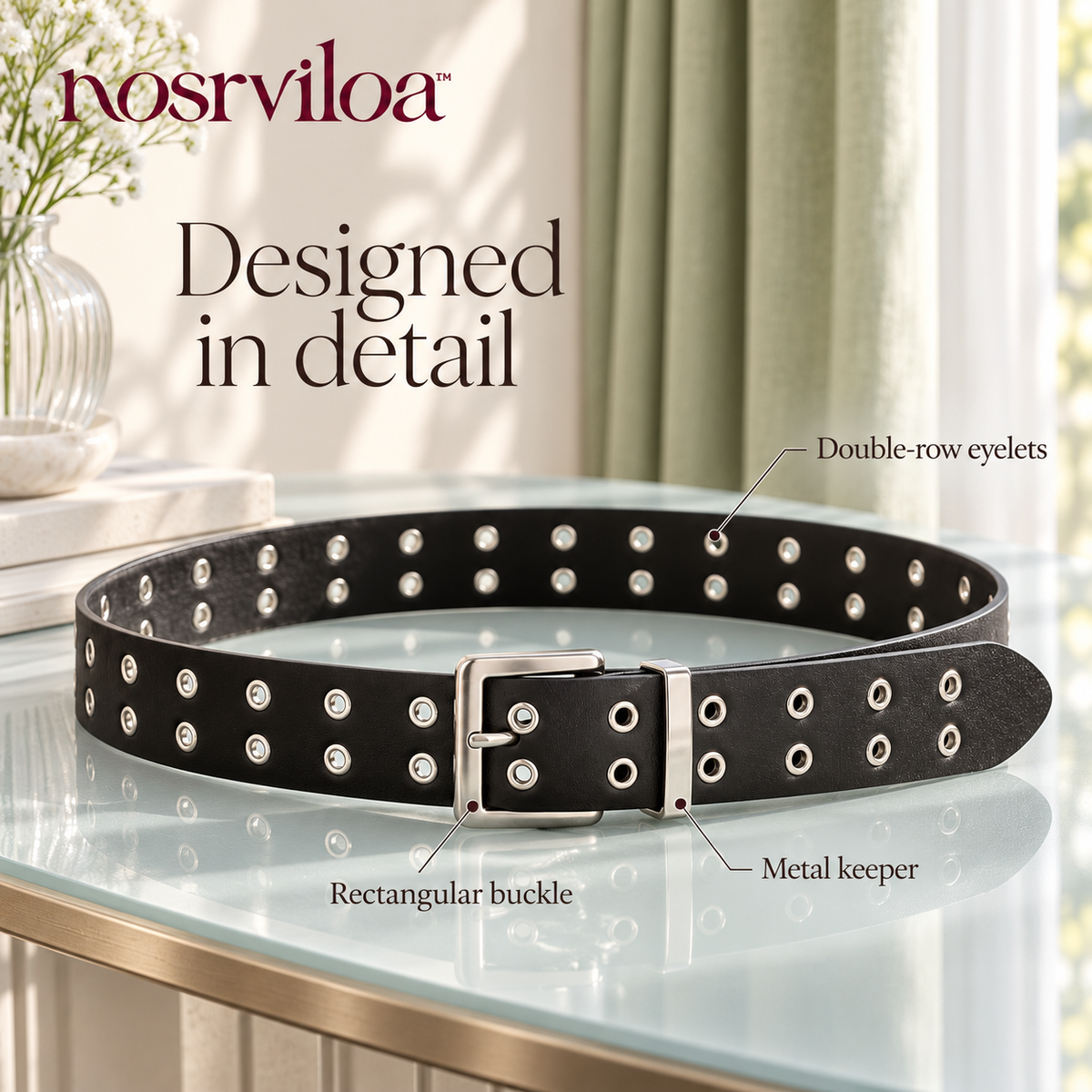 nosrviloa™ DoubleBeat Grommet Belt for Women, Faux Leather Jeans Belt with Double-Row Eyelets and Silver-Tone Buckle