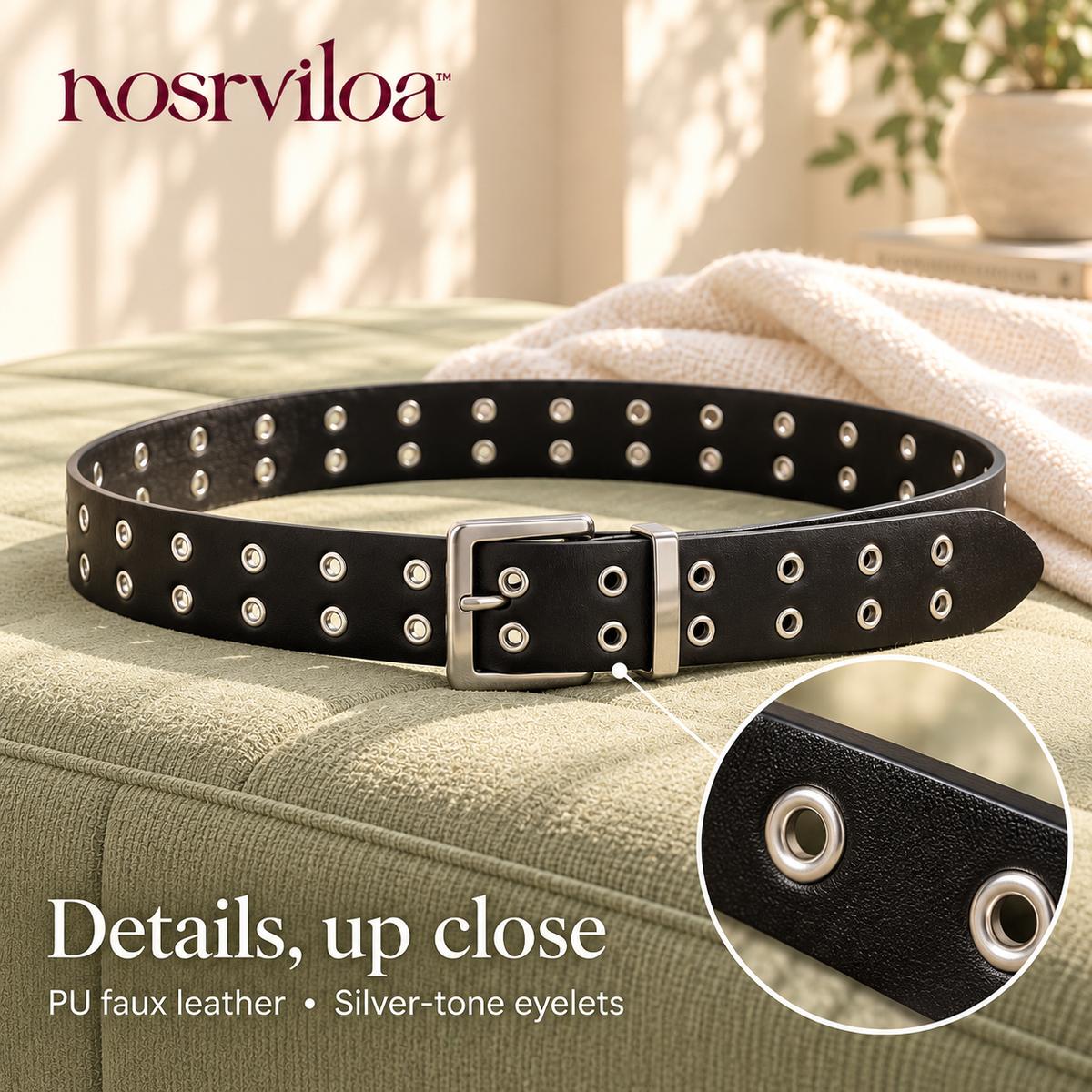 nosrviloa™ DoubleBeat Grommet Belt for Women, Faux Leather Jeans Belt with Double-Row Eyelets and Silver-Tone Buckle