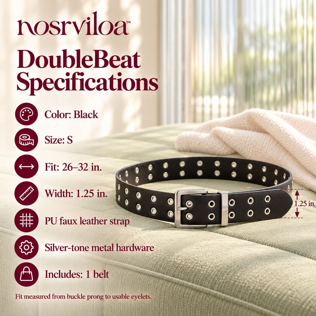 nosrviloa™ DoubleBeat Grommet Belt for Women, Faux Leather Jeans Belt with Double-Row Eyelets and Silver-Tone Buckle
