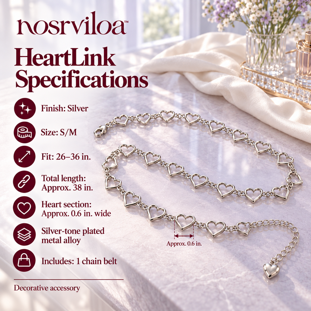 nosrviloa™ HeartLink Adjustable Chain Belt for Women, Silver-Tone Heart Waist Chain for Dresses, Skirts and Jeans