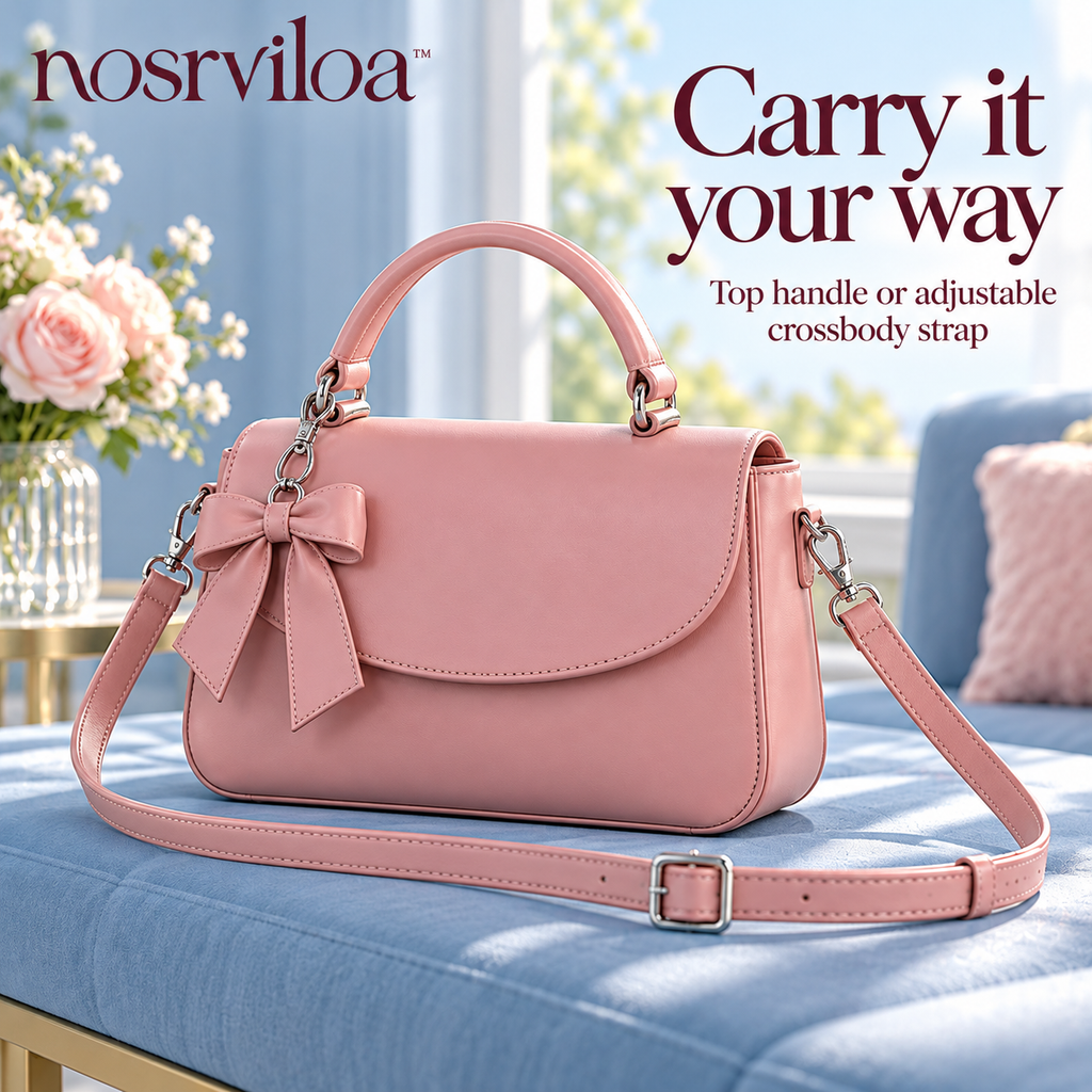 nosrviloa™ PetalArc Mini Crossbody Bag for Women, Faux Leather Flap Purse with Removable Bow Charm and Adjustable Strap