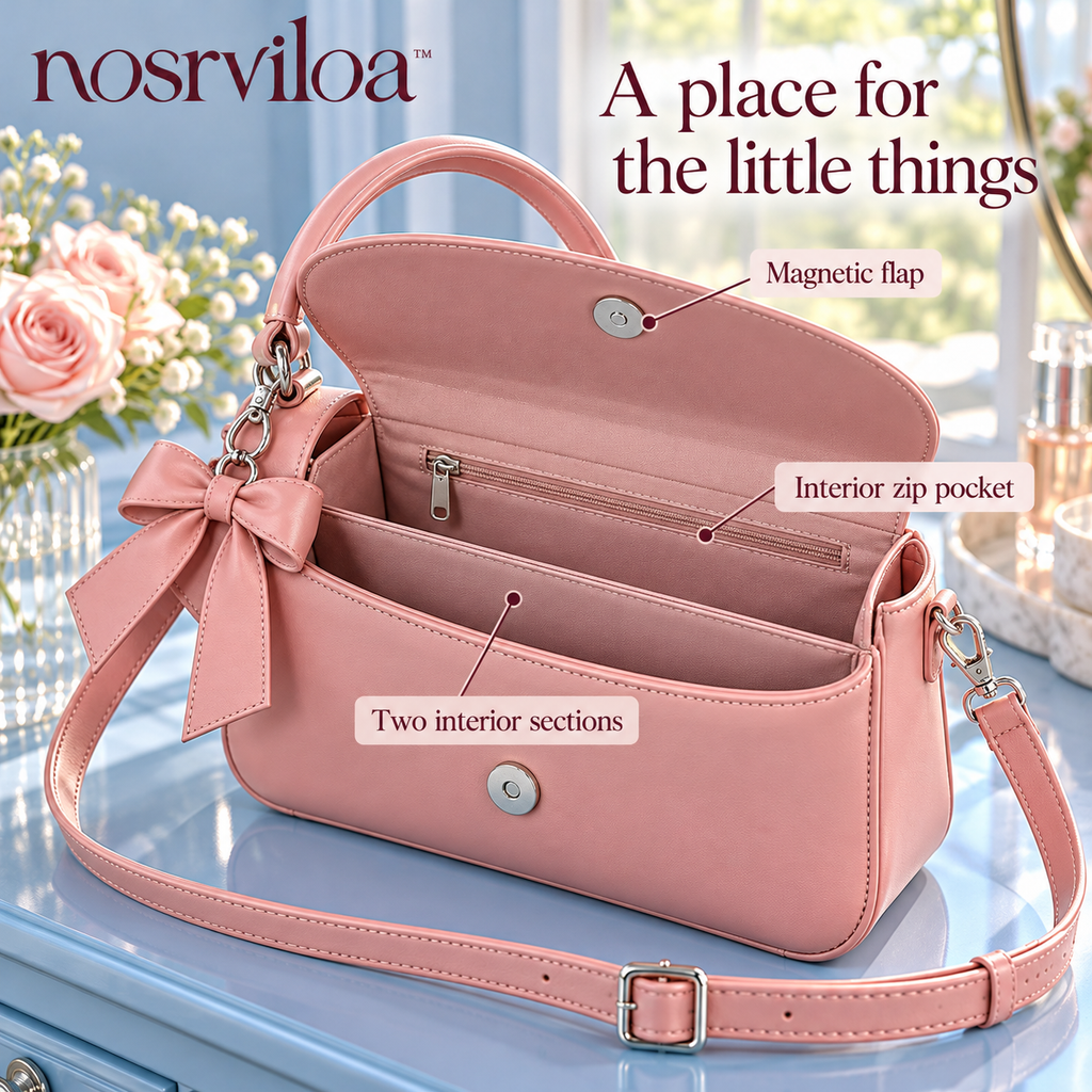 nosrviloa™ PetalArc Mini Crossbody Bag for Women, Faux Leather Flap Purse with Removable Bow Charm and Adjustable Strap