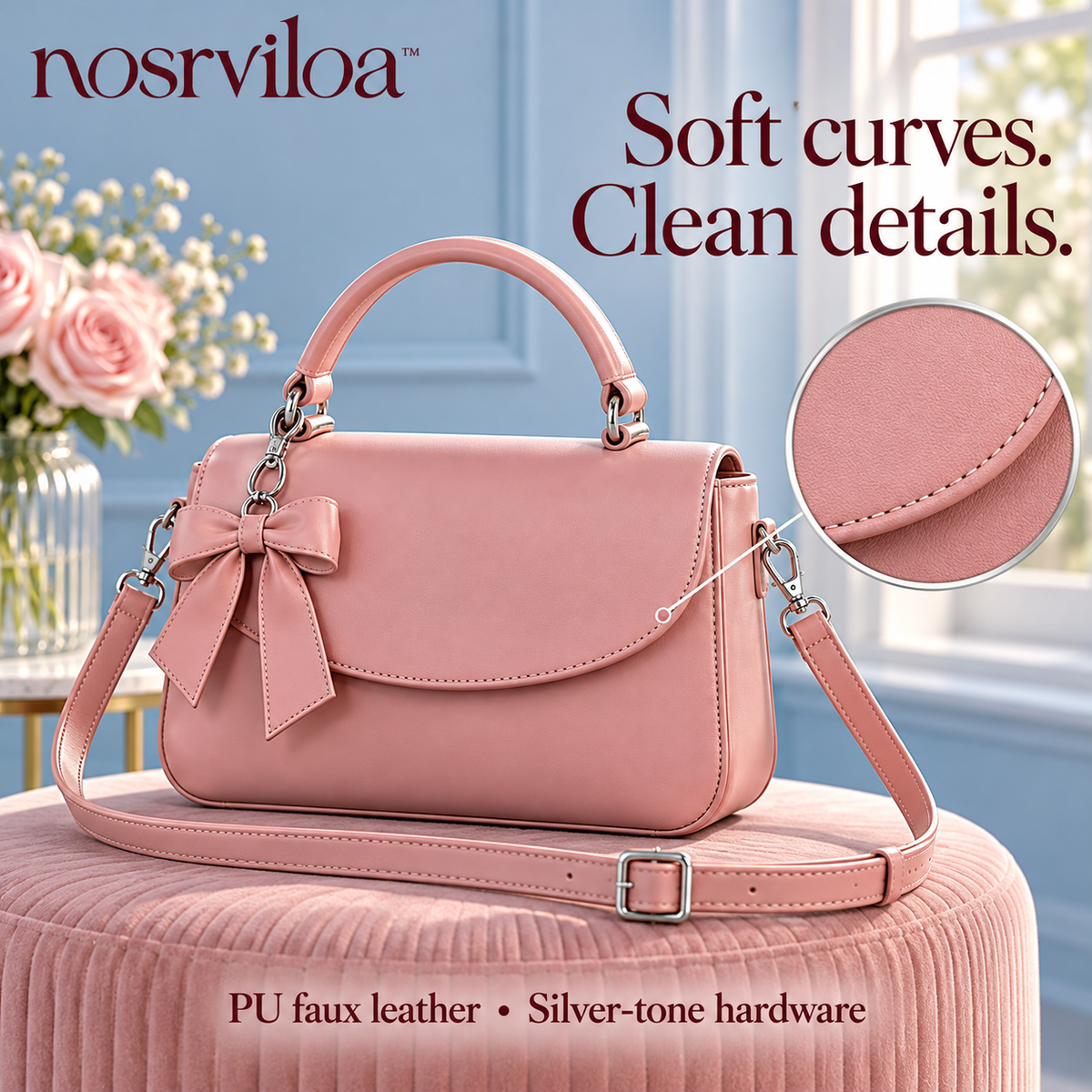 nosrviloa™ PetalArc Mini Crossbody Bag for Women, Faux Leather Flap Purse with Removable Bow Charm and Adjustable Strap