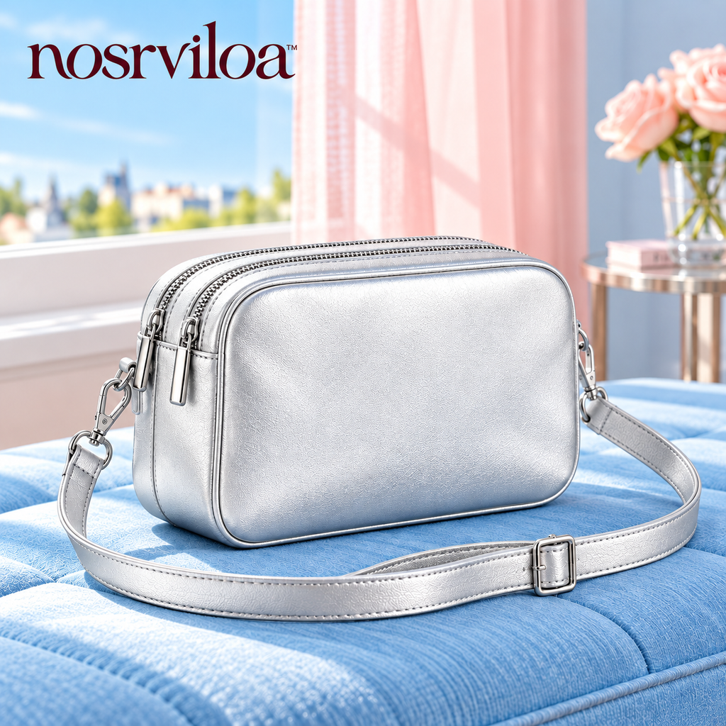 nosrviloa™ SilverBeat Mini Camera Crossbody Bag for Women, Metallic Faux Leather Double-Zip Purse with Adjustable Strap