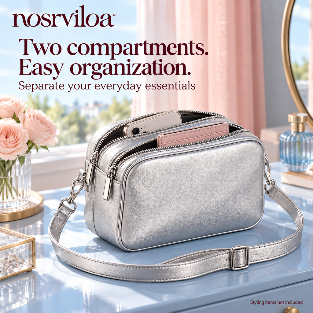 nosrviloa™ SilverBeat Mini Camera Crossbody Bag for Women, Metallic Faux Leather Double-Zip Purse with Adjustable Strap