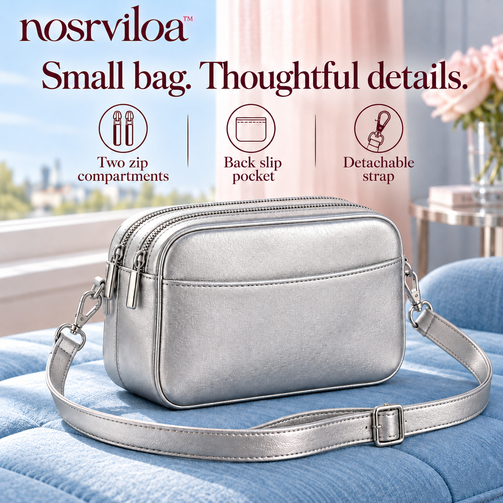 nosrviloa™ SilverBeat Mini Camera Crossbody Bag for Women, Metallic Faux Leather Double-Zip Purse with Adjustable Strap