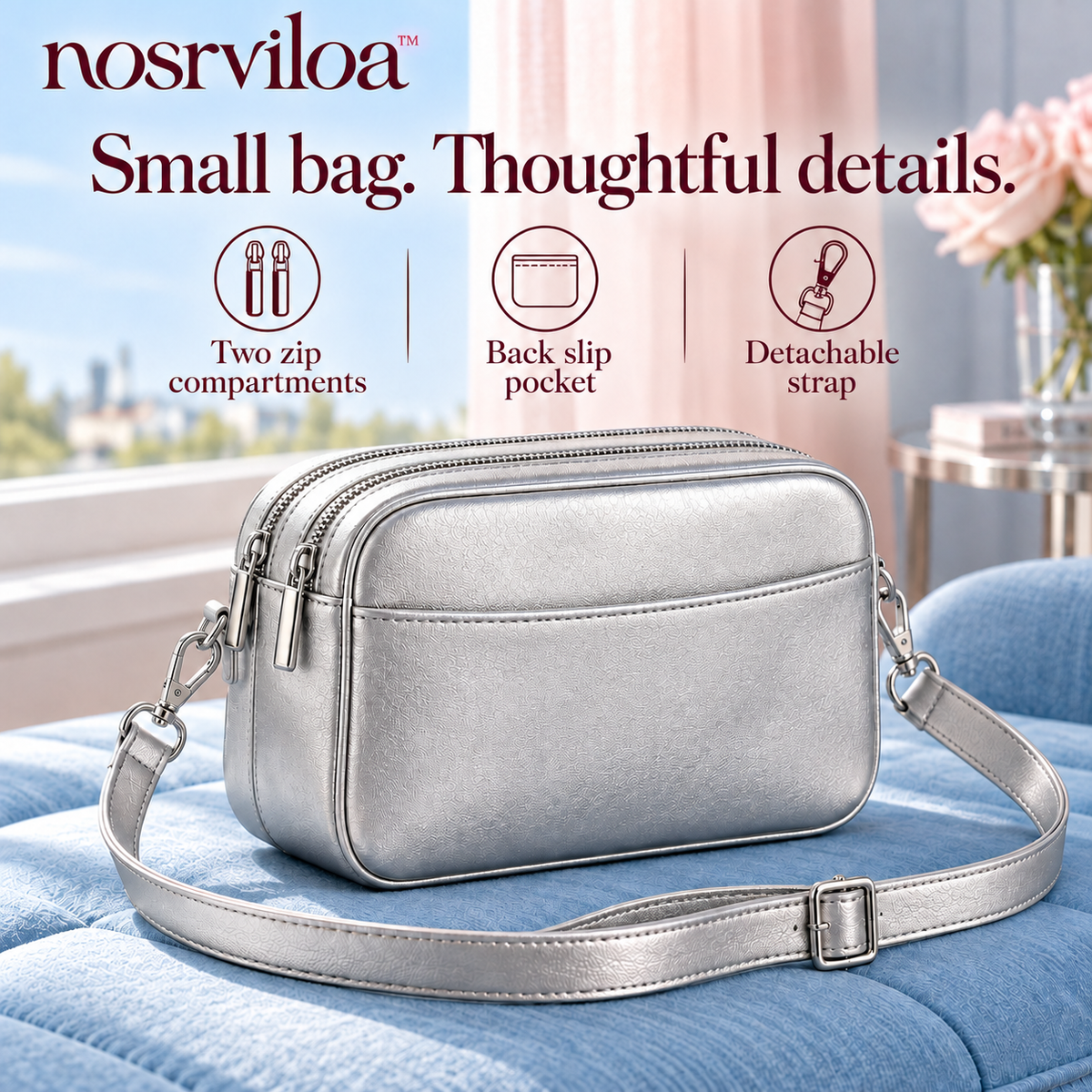nosrviloa™ SilverBeat Mini Camera Crossbody Bag for Women, Metallic Faux Leather Double-Zip Purse with Adjustable Strap