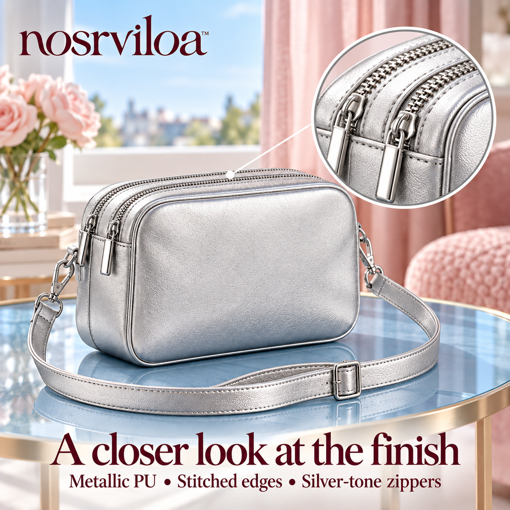 nosrviloa™ SilverBeat Mini Camera Crossbody Bag for Women, Metallic Faux Leather Double-Zip Purse with Adjustable Strap