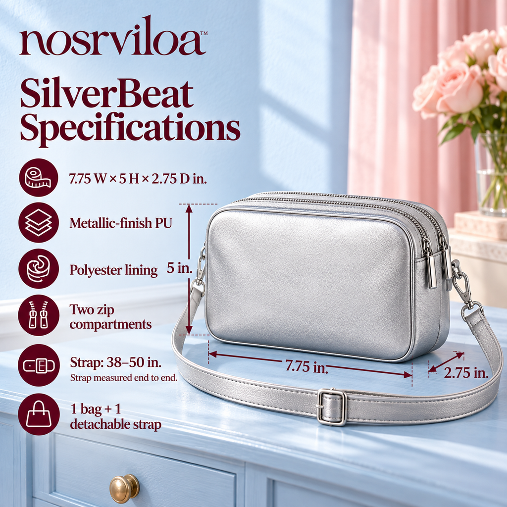 nosrviloa™ SilverBeat Mini Camera Crossbody Bag for Women, Metallic Faux Leather Double-Zip Purse with Adjustable Strap