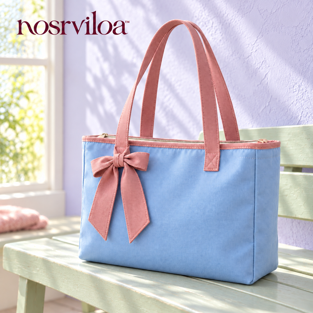 nosrviloa™ RibbonDay Canvas Tote Bag for Women, Zip-Top Everyday Shoulder Tote with Bow Detail and Interior Pockets