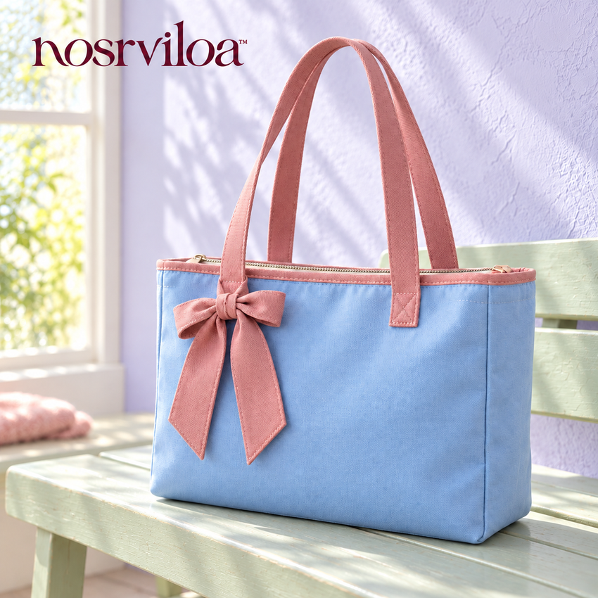 nosrviloa™ RibbonDay Canvas Tote Bag for Women, Zip-Top Everyday Shoulder Tote with Bow Detail and Interior Pockets