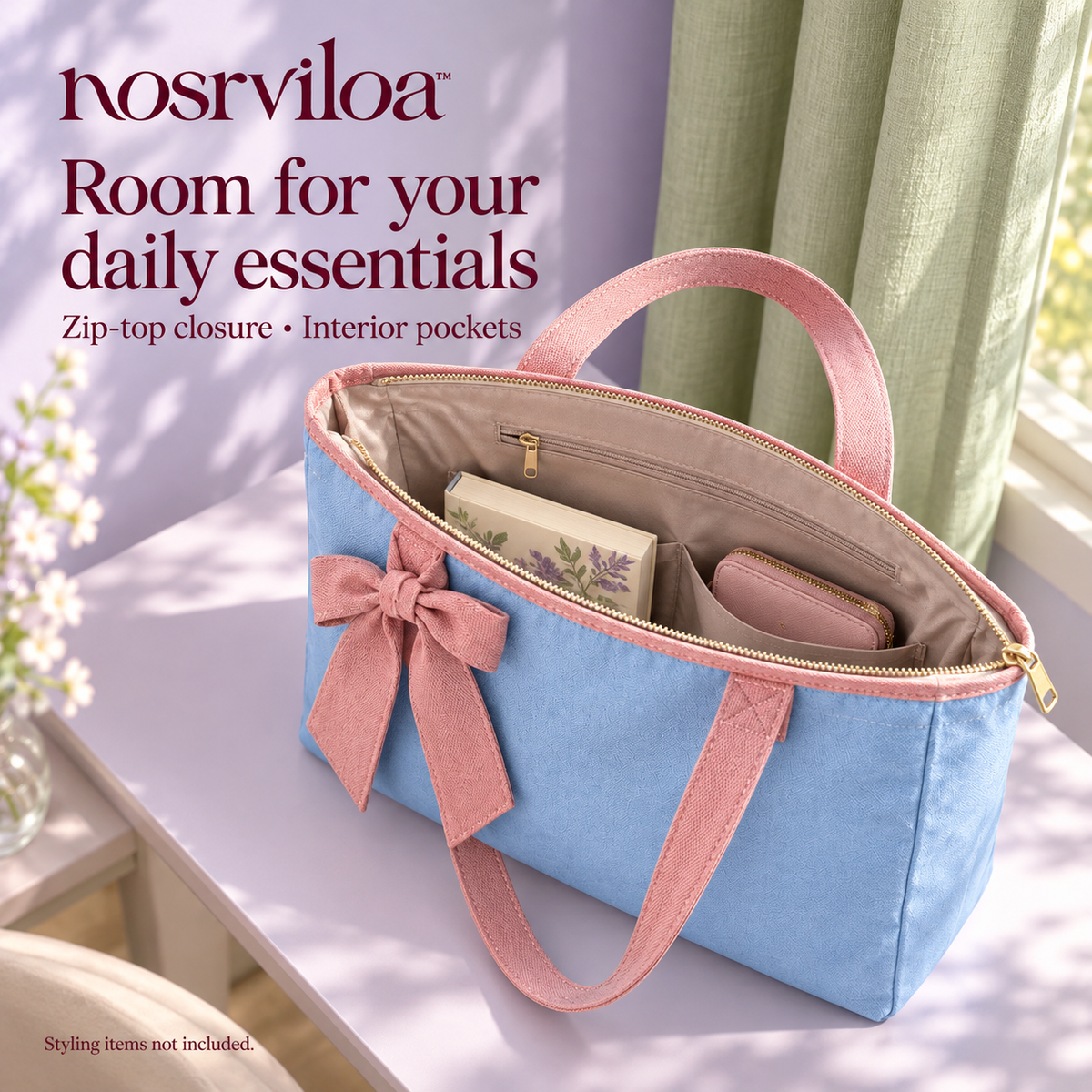 nosrviloa™ RibbonDay Canvas Tote Bag for Women, Zip-Top Everyday Shoulder Tote with Bow Detail and Interior Pockets