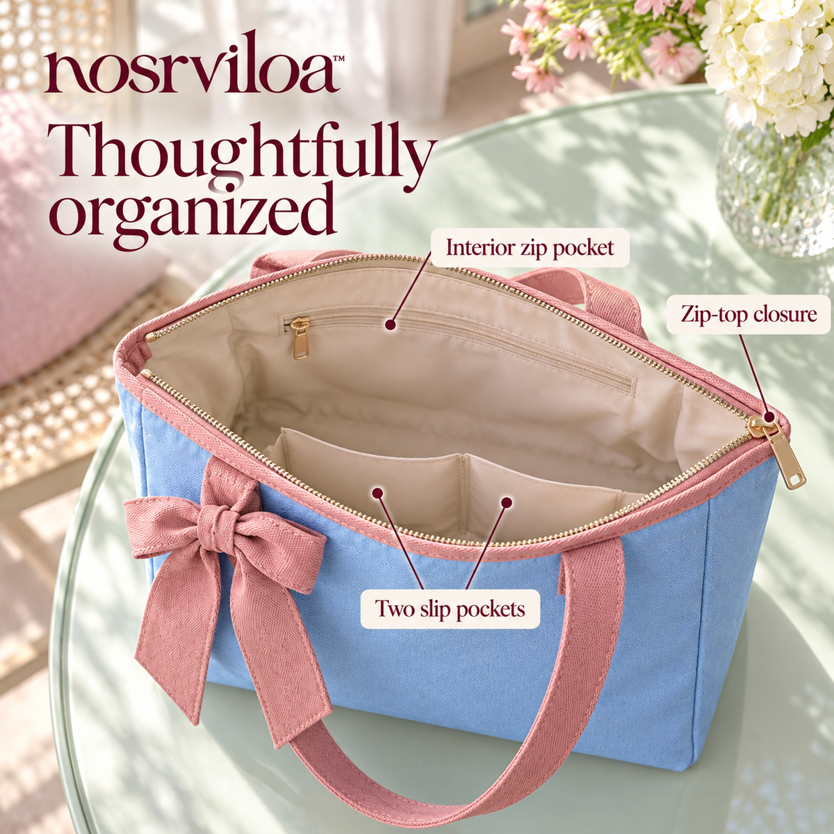 nosrviloa™ RibbonDay Canvas Tote Bag for Women, Zip-Top Everyday Shoulder Tote with Bow Detail and Interior Pockets