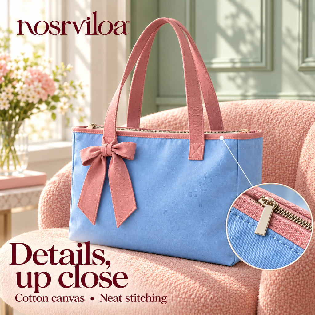 nosrviloa™ RibbonDay Canvas Tote Bag for Women, Zip-Top Everyday Shoulder Tote with Bow Detail and Interior Pockets