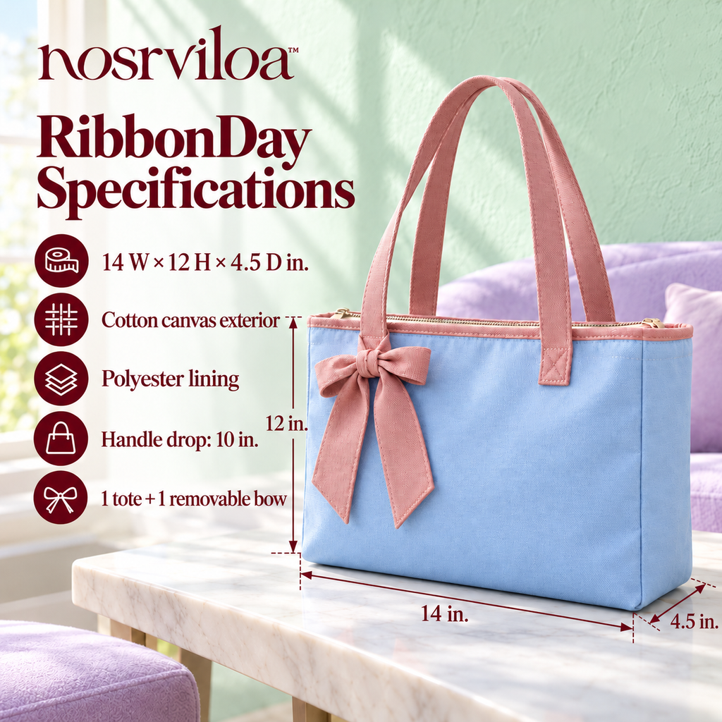 nosrviloa™ RibbonDay Canvas Tote Bag for Women, Zip-Top Everyday Shoulder Tote with Bow Detail and Interior Pockets