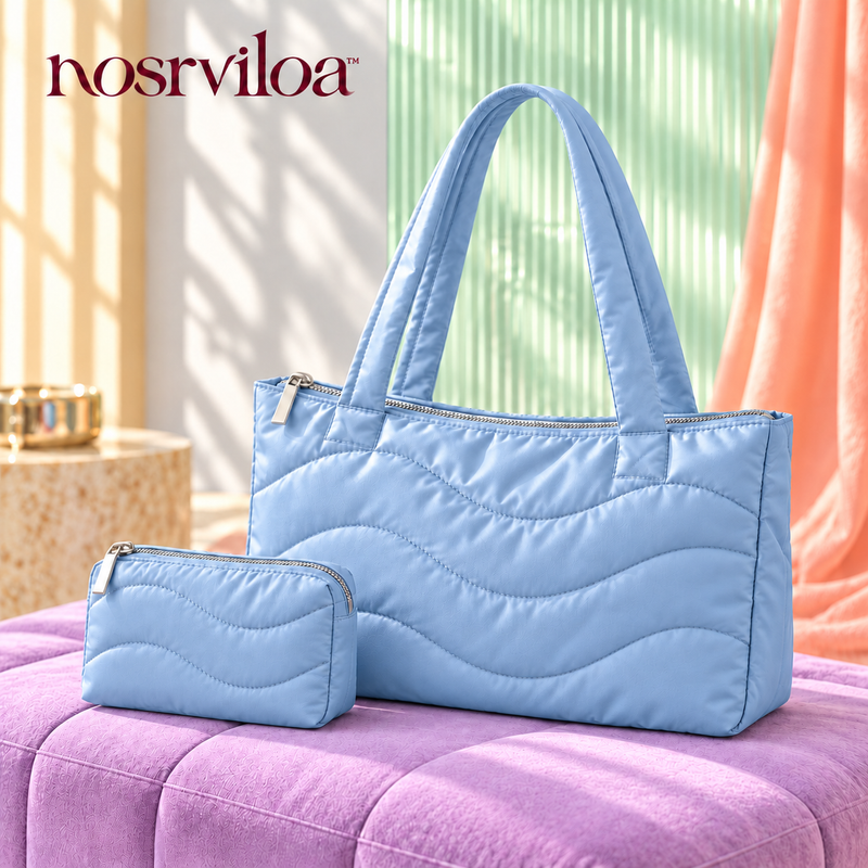 nosrviloa™ CloudPop Quilted Tote Bag for Women, Nylon Zip-Top Shoulder Bag with Matching Zipper Pouch