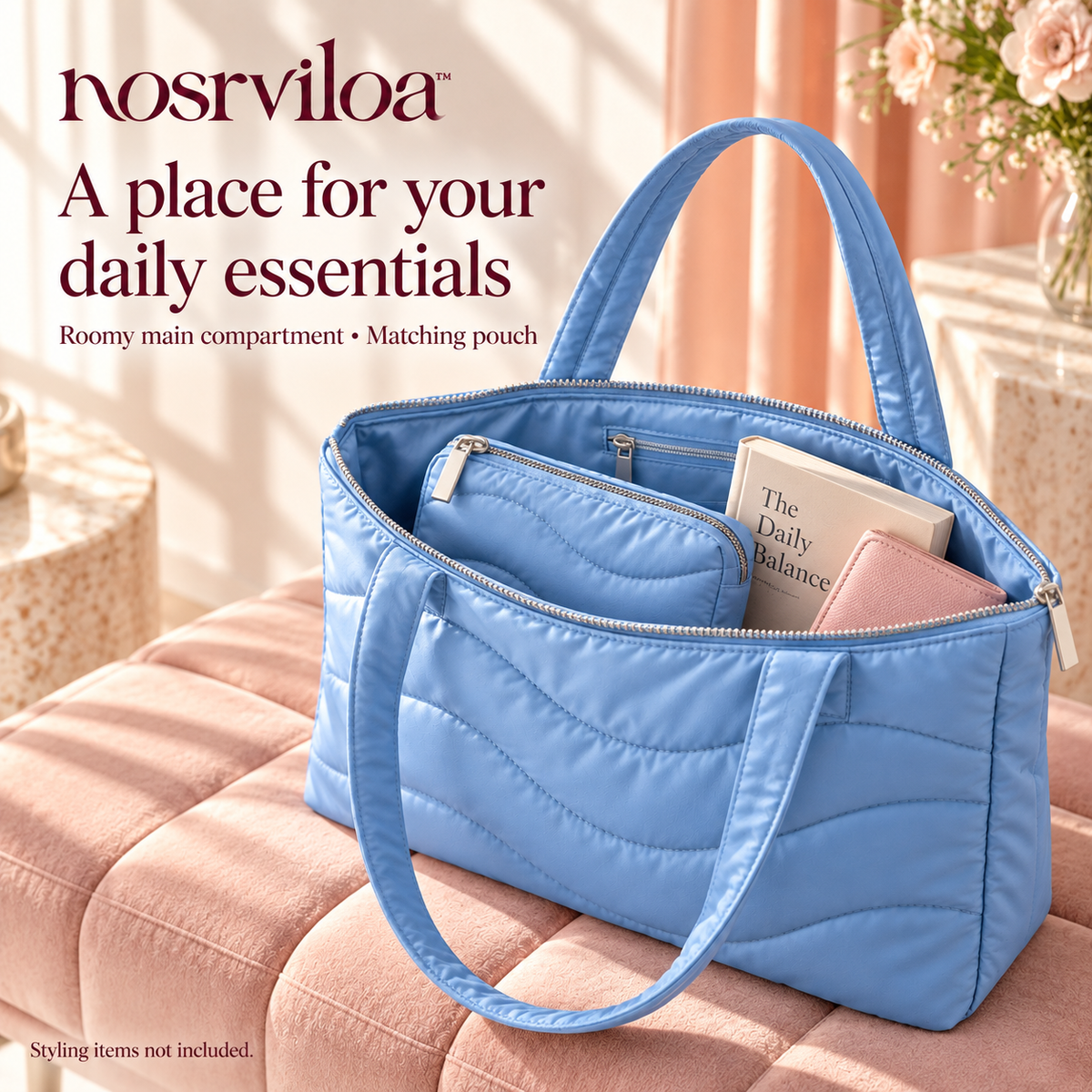 nosrviloa™ CloudPop Quilted Tote Bag for Women, Nylon Zip-Top Shoulder Bag with Matching Zipper Pouch