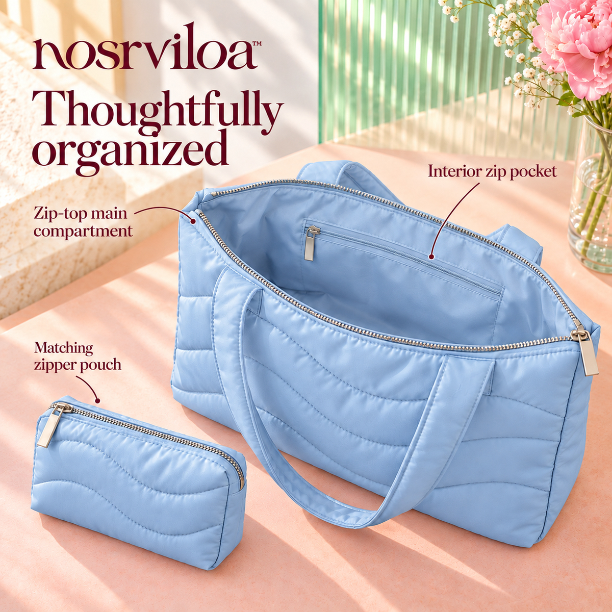 nosrviloa™ CloudPop Quilted Tote Bag for Women, Nylon Zip-Top Shoulder Bag with Matching Zipper Pouch