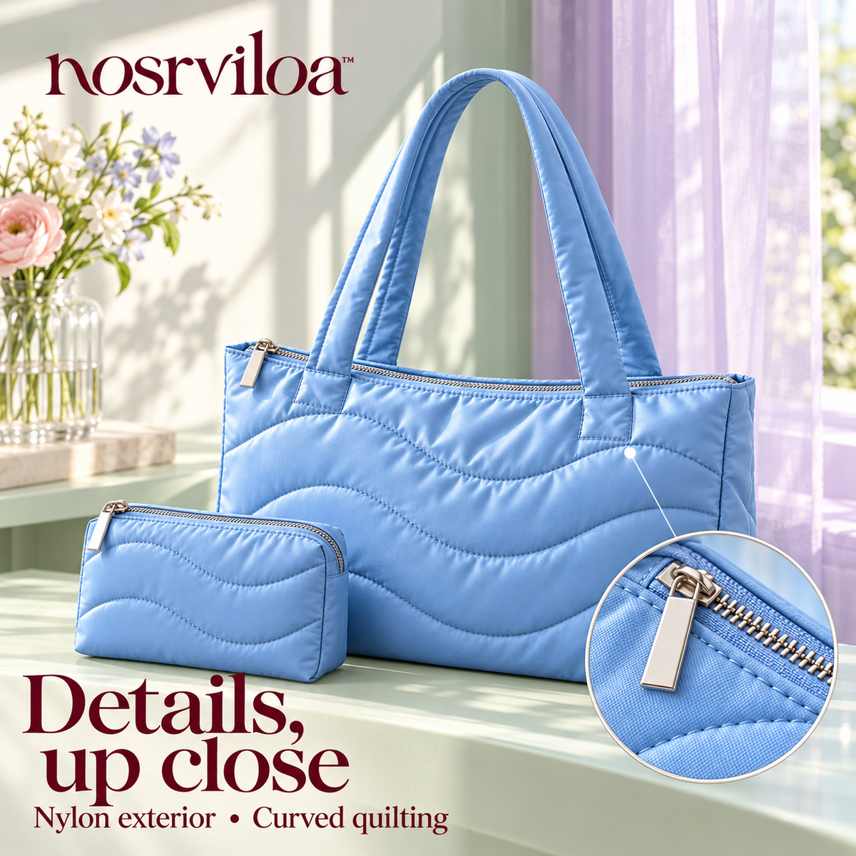 nosrviloa™ CloudPop Quilted Tote Bag for Women, Nylon Zip-Top Shoulder Bag with Matching Zipper Pouch