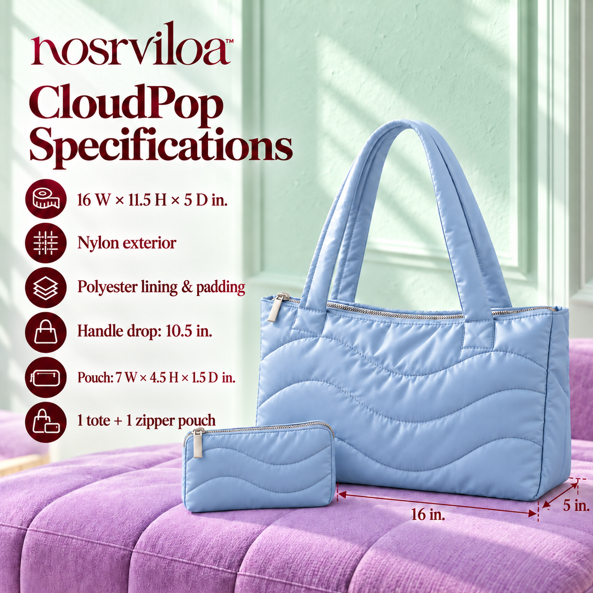 nosrviloa™ CloudPop Quilted Tote Bag for Women, Nylon Zip-Top Shoulder Bag with Matching Zipper Pouch