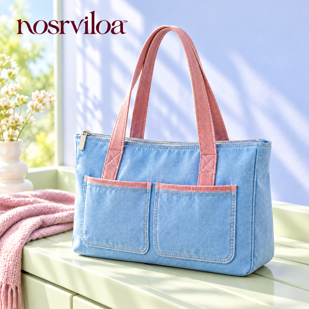 nosrviloa™ DenimDaze Pocket Tote Bag for Women, Blue Denim Zip-Top Shoulder Tote with Contrast Stitching