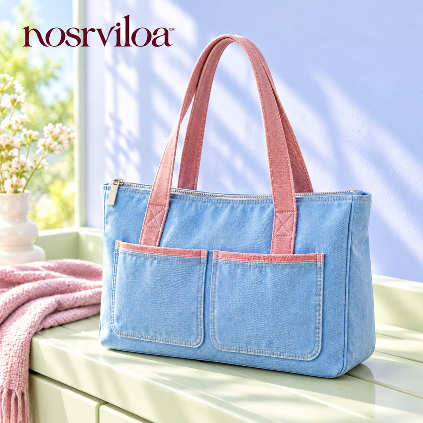 nosrviloa™ DenimDaze Pocket Tote Bag for Women, Blue Denim Zip-Top Shoulder Tote with Contrast Stitching