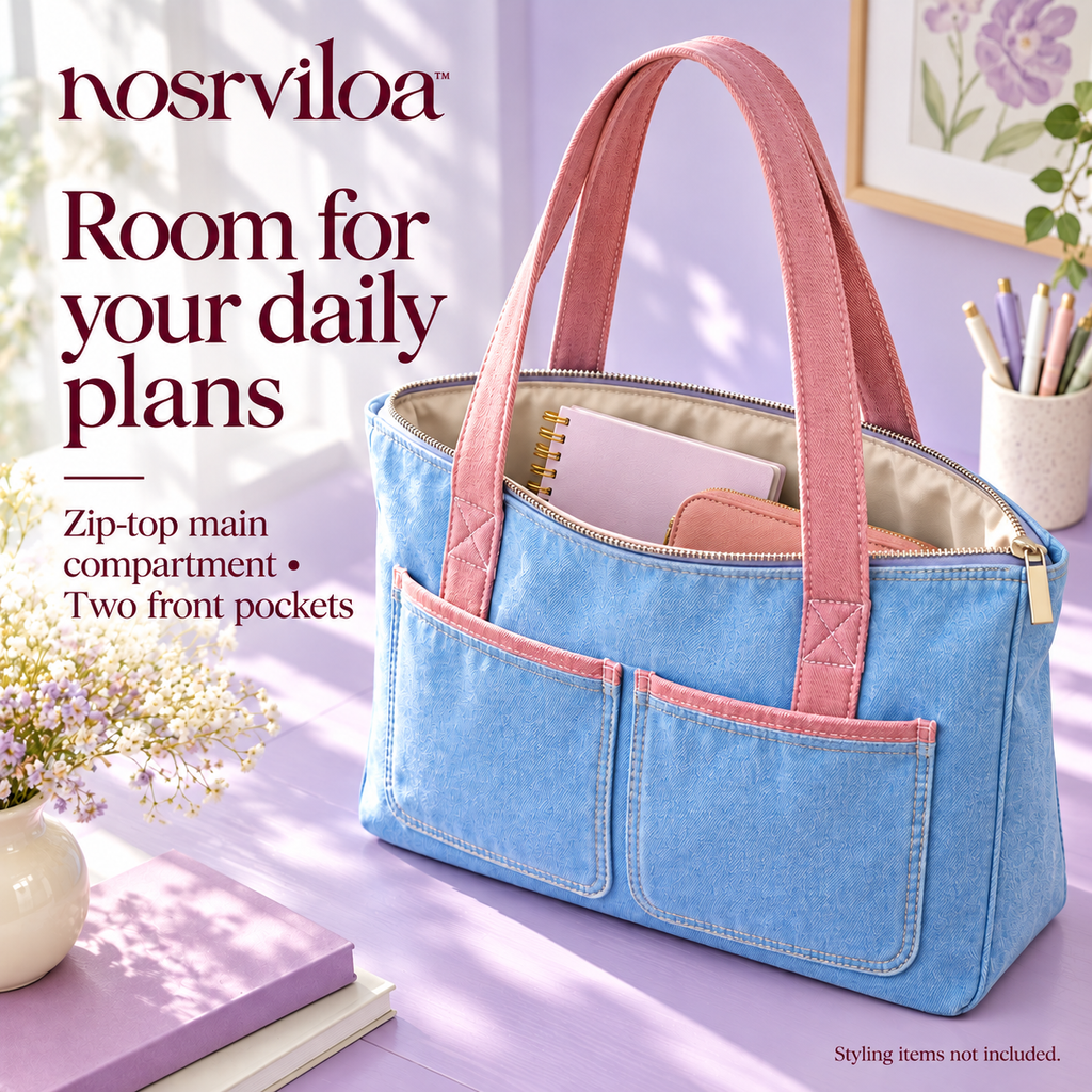 nosrviloa™ DenimDaze Pocket Tote Bag for Women, Blue Denim Zip-Top Shoulder Tote with Contrast Stitching