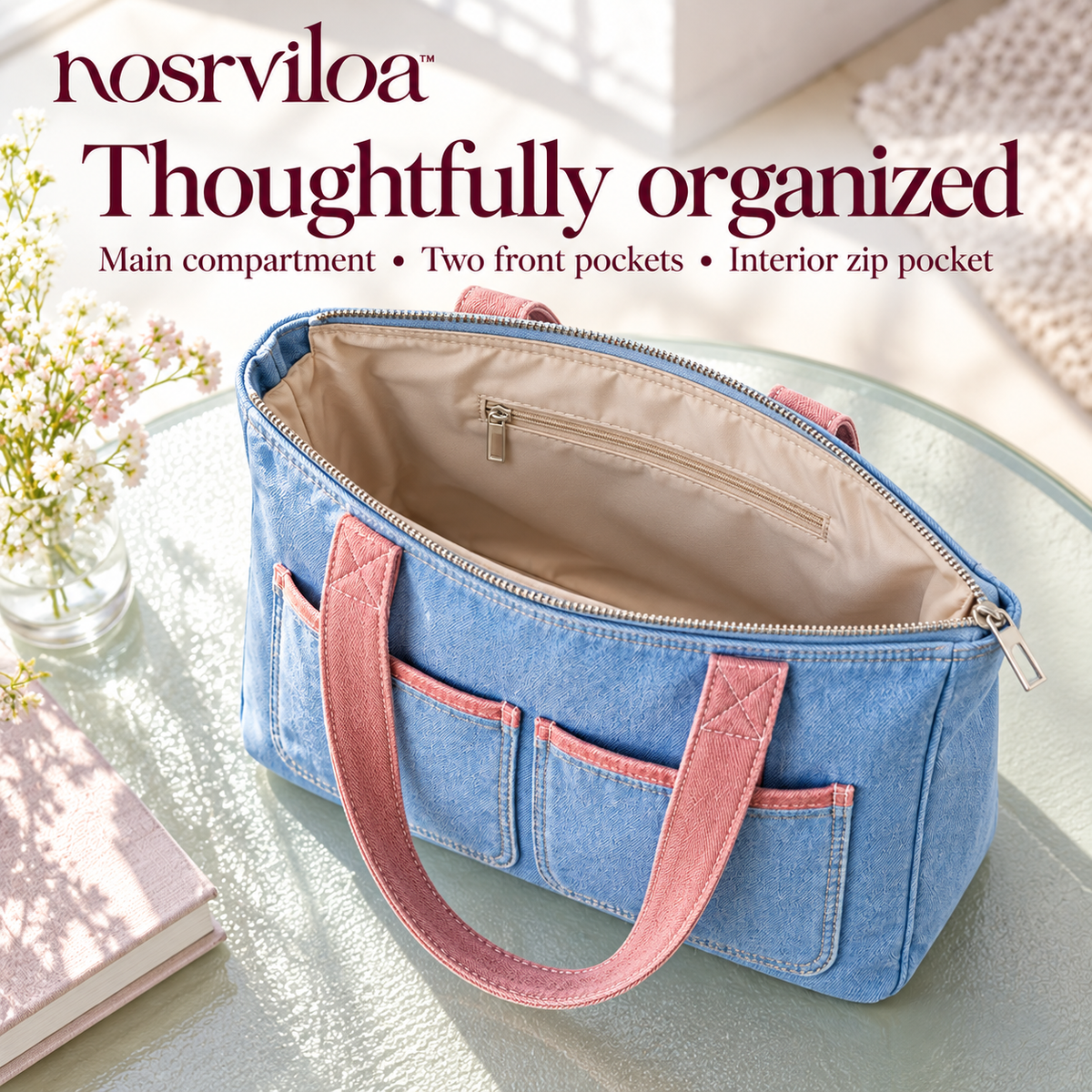 nosrviloa™ DenimDaze Pocket Tote Bag for Women, Blue Denim Zip-Top Shoulder Tote with Contrast Stitching